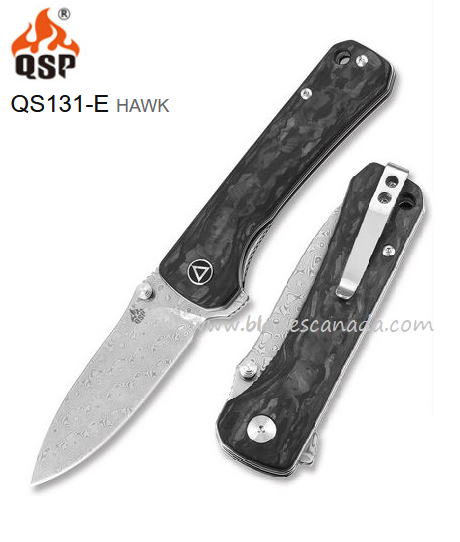 QSP Hawk Flipper Folding Knife, Damascus Steel, Carbon Fiber, QS131-E